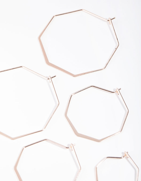 Zestaw 3 kolczyków-kółek w kolorze różowego złota, ośmiokątnych