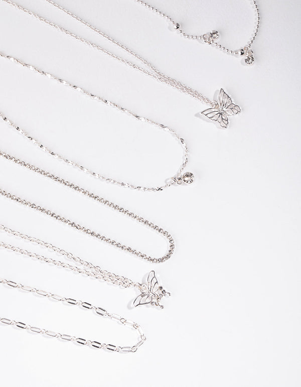 Naszyjnik choker z motywem motyla w kolorze srebrnym (6 sztuk)