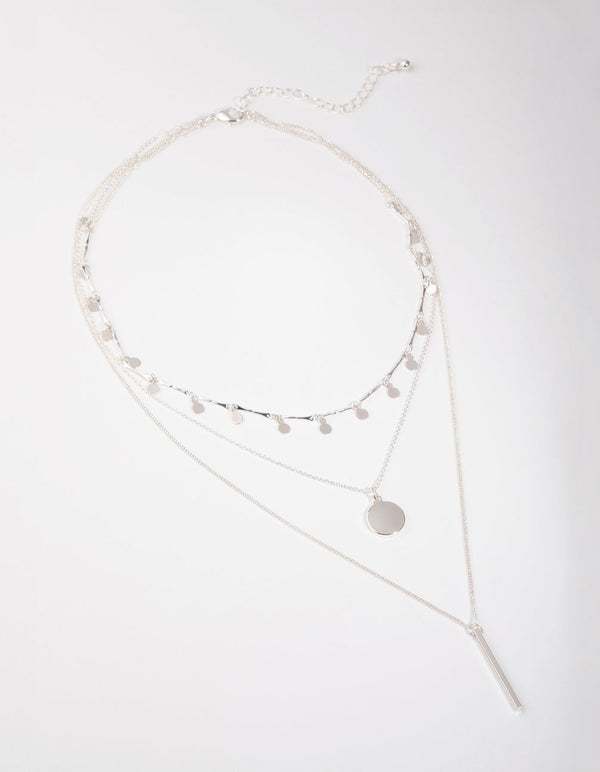 Silver Fine Drop and Bar 3-Row Necklace