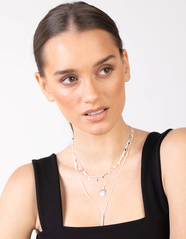 Silver Fine Drop and Bar 3-Row Necklace