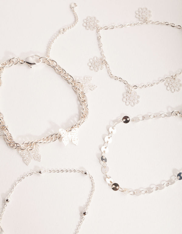 Silver Flower and Butterfly Bracelet and Anklet 4-Pack