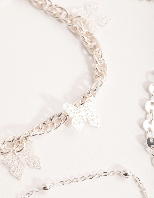 Silver Flower and Butterfly Bracelet and Anklet 4-Pack