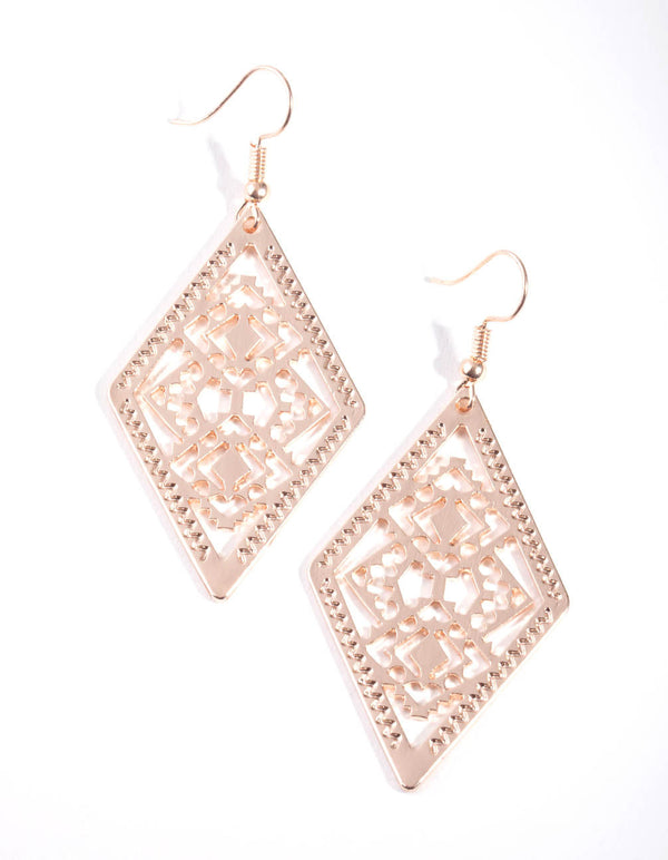 Rose Gold Diamond Shape Filigree Drop Earrings