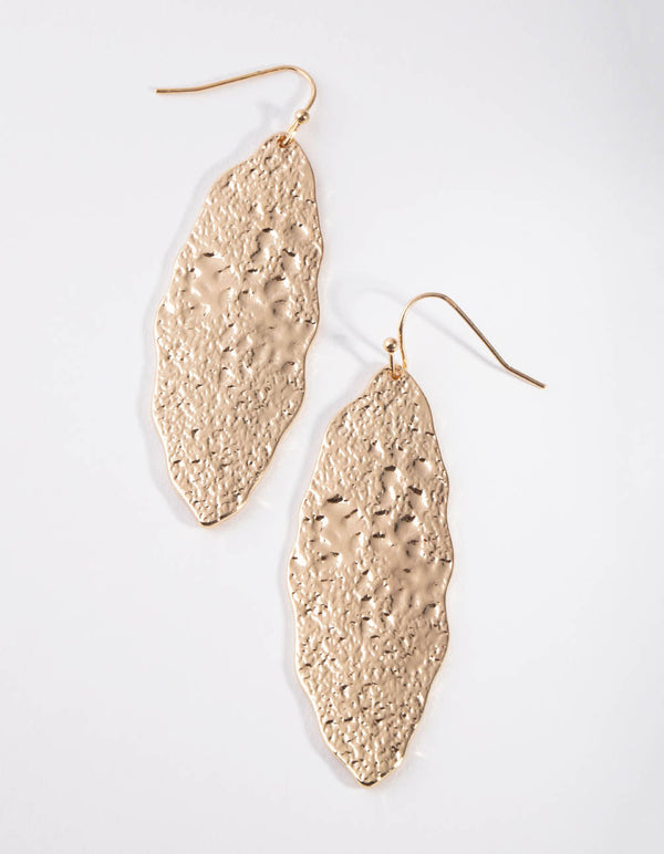 Gold Textured Leaf Drop Earrings