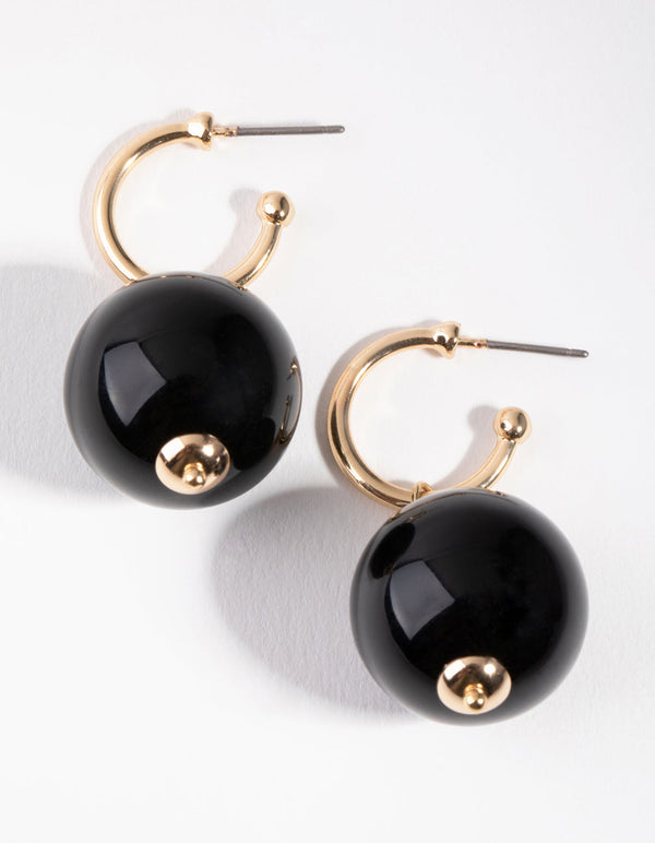 Gold Black Ball Huggie Earrings