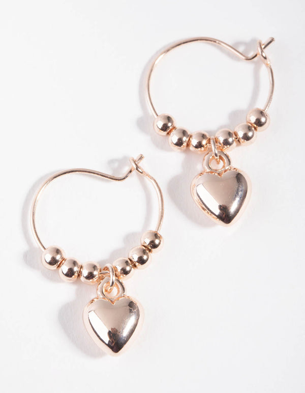 Rose Gold Heart Bead Hoop Earrings