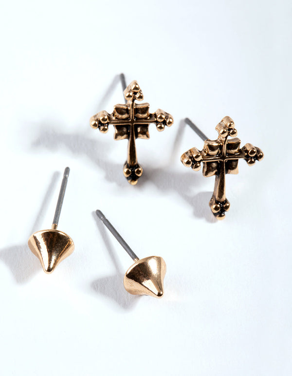 Antique Gold Cross and Spike 2-Pack Earring