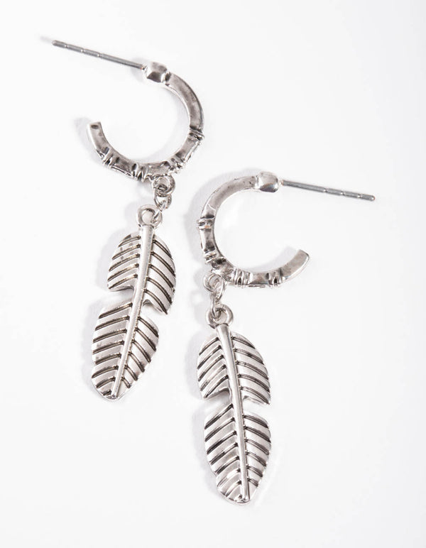 Antique Silver Feather Huggie Earrings