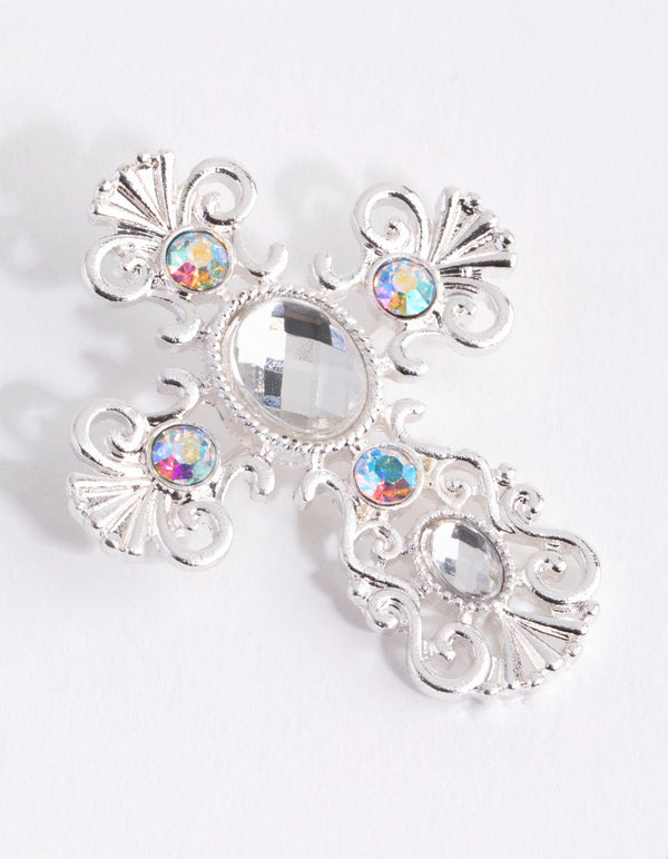 Silver Diamante Cross Brooch