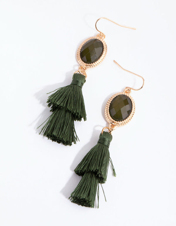 Green Double Tassel Drop Earrings