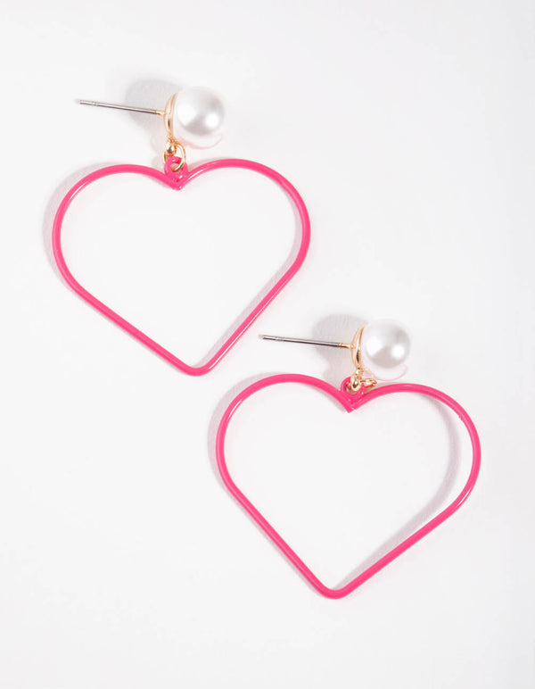 Matte Pink Faux Pearl Heart Drop Earrings