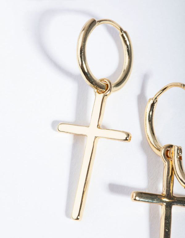 Real Gold Plated Cross Huggie Earrings