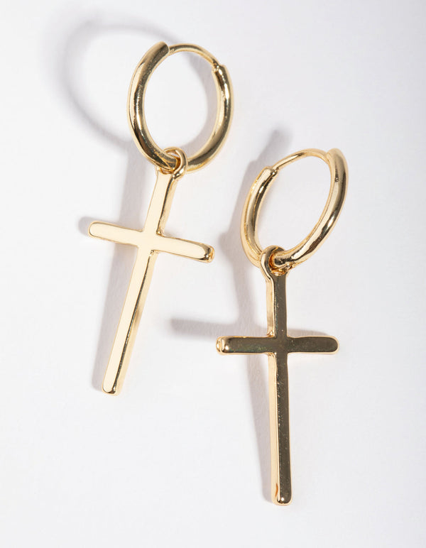 Real Gold Plated Cross Huggie Earrings