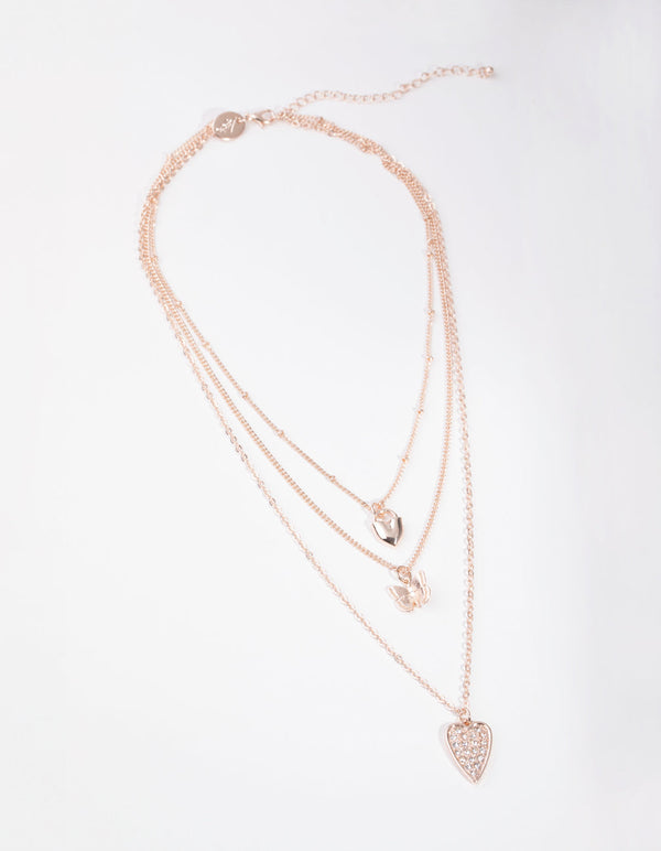 Rose Gold Short Diamante Heart 3-Row Necklace