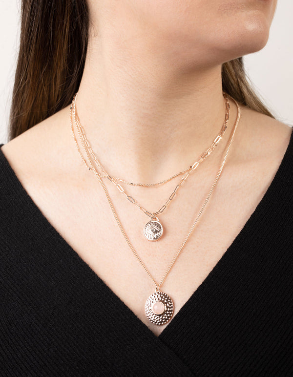 Rose Gold Short Eye Disc 3-Row Necklace