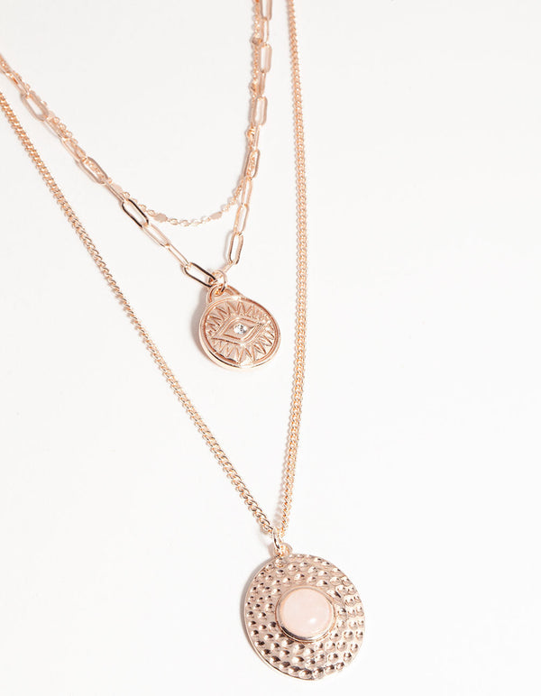 Rose Gold Short Eye Disc 3-Row Necklace