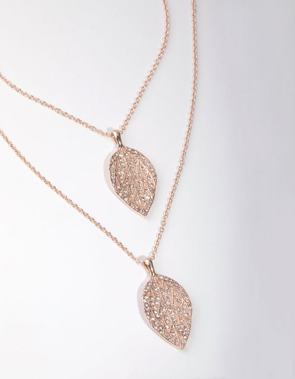 Rose Gold Long Diamante Leaf 2-Row Necklace