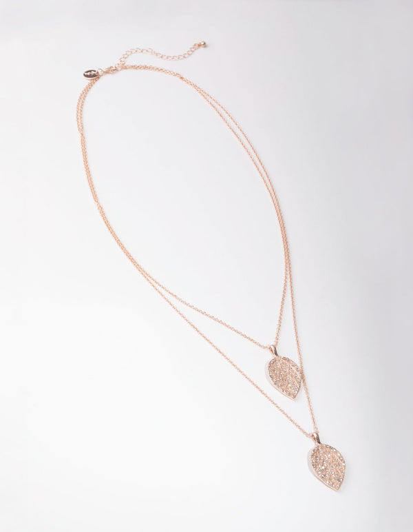 Rose Gold Long Diamante Leaf 2-Row Necklace