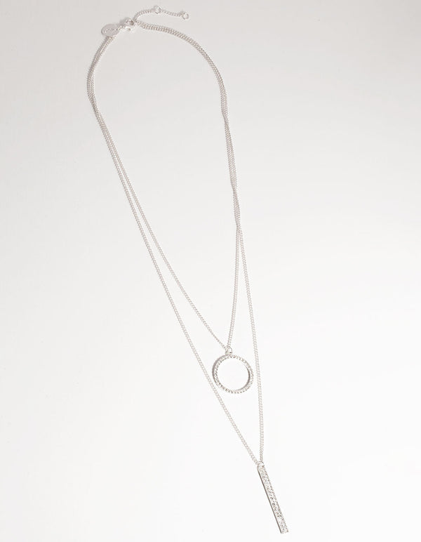 Silver Layered Circle and Bar Diamante Necklace