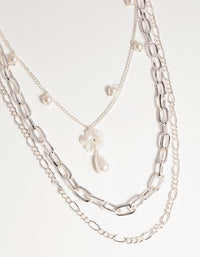 Silver Short Flower Pearl 3-Row Necklace - link has visual effect only