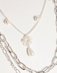 Silver Short Flower Pearl 3-Row Necklace - link has visual effect only