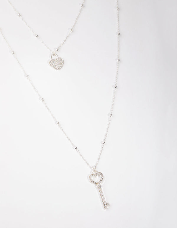 Silver Long Diamante Key 3-Row Necklace