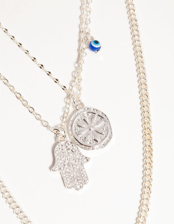 Silver Short Hand Coin 3-Row Necklace