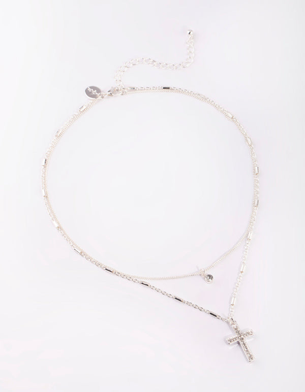 Silver Short Diamante Cross 2-Row Necklace