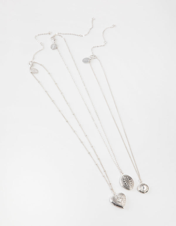 Antieke zilveren mix medaillon 3-rijige ketting