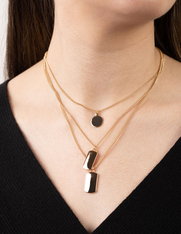 Gold Short Tab and Disc 3-Row Necklace