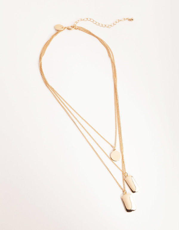 Gold Short Tab and Disc 3-Row Necklace