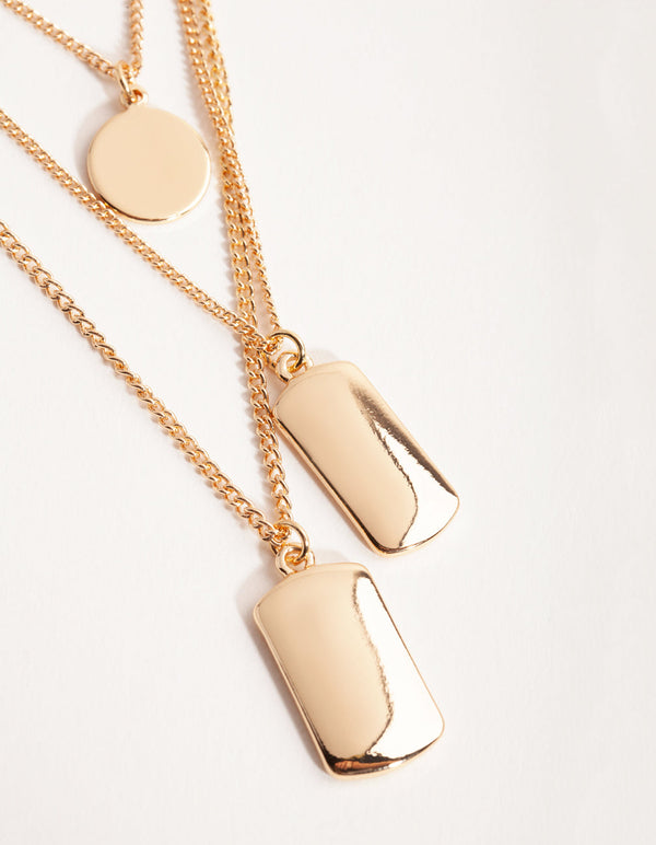Gold Short Tab and Disc 3-Row Necklace