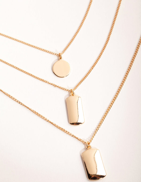Gold Short Tab and Disc 3-Row Necklace