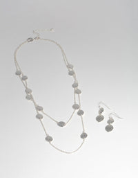 Silver Mid-Textured Layered Earrings and Necklace - link has visual effect only