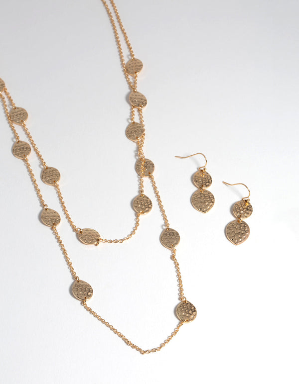 Gold Mid-Textured Layered Earrings and Necklace