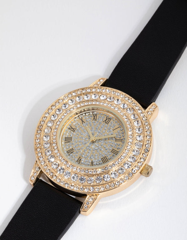 Gold Roman Numeral Bling PU Strap Watch