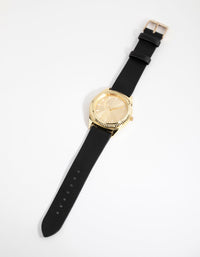 Gold Fluted Bezel PU Strap Watch - link has visual effect only