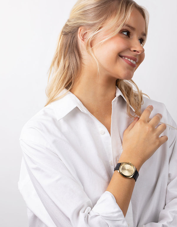 Gold Fluted Bezel PU Strap Watch