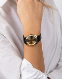 Gold Fluted Bezel PU Strap Watch - link has visual effect only