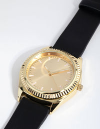 Gold Fluted Bezel PU Strap Watch - link has visual effect only