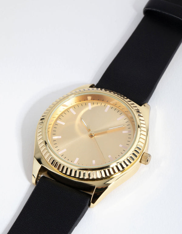 Gold Fluted Bezel PU Strap Watch