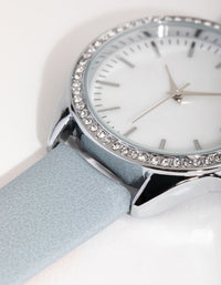 Rhodium Diamante Bezel Mother of Pearl PU Strap Watch - link has visual effect only