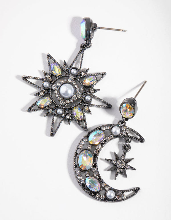 Gunmetal Mini Star and Moon Earrings