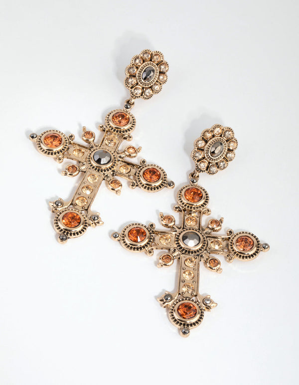 Antique Gold Statement Cross Earrings