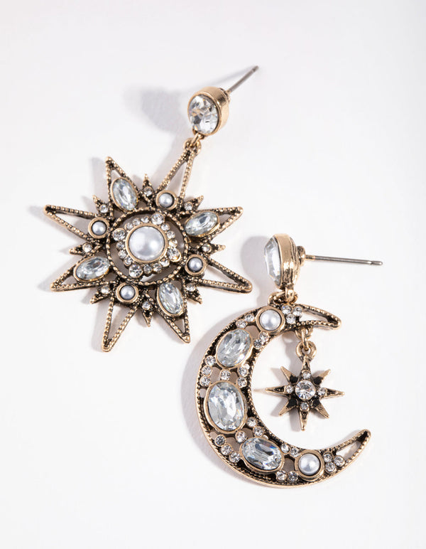 Antique Gold Mini Star and Moon Earrings