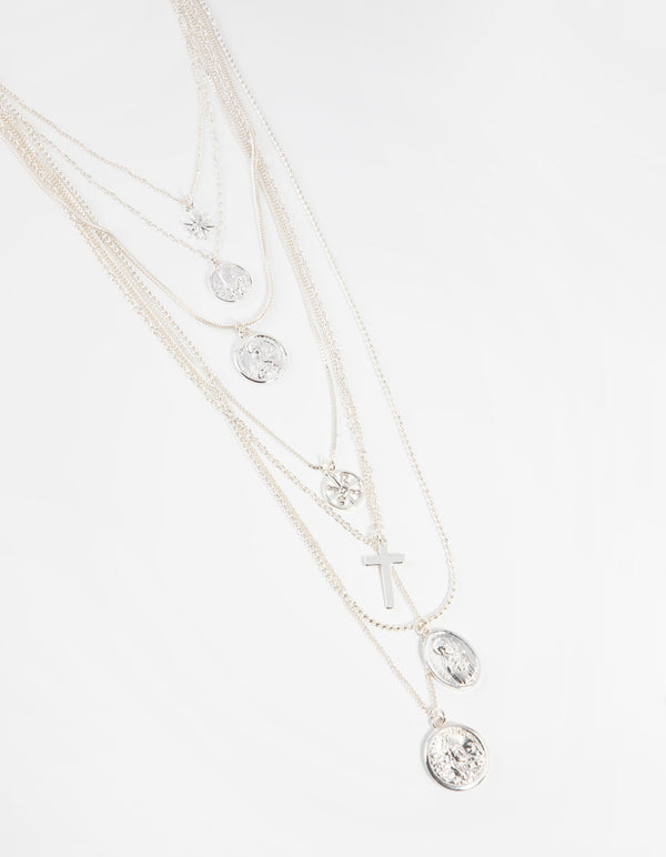 Silver Cross & Coin Multi Row Necklace