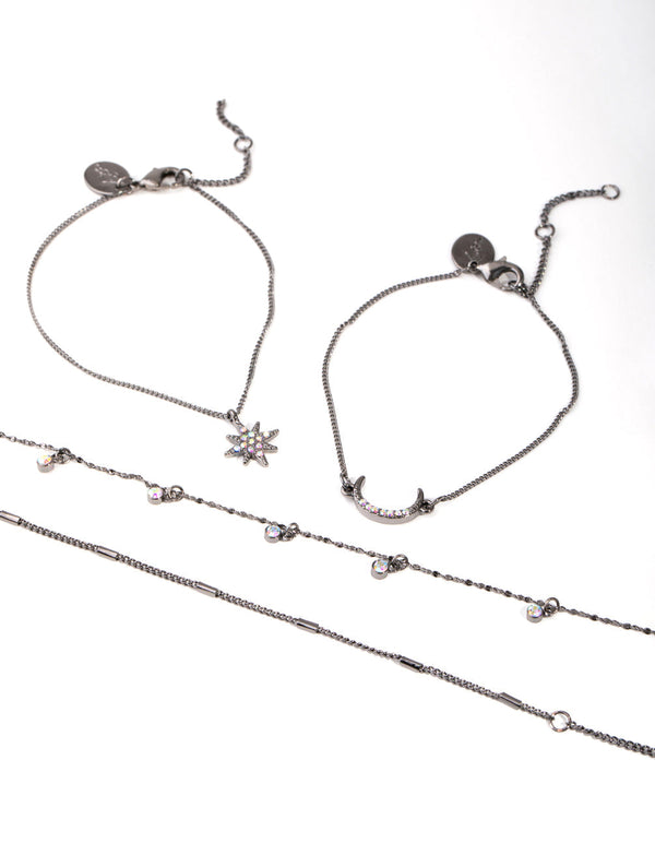 Gunmetal Star and Moon 4-Pack Bracelet and Anklet Pack
