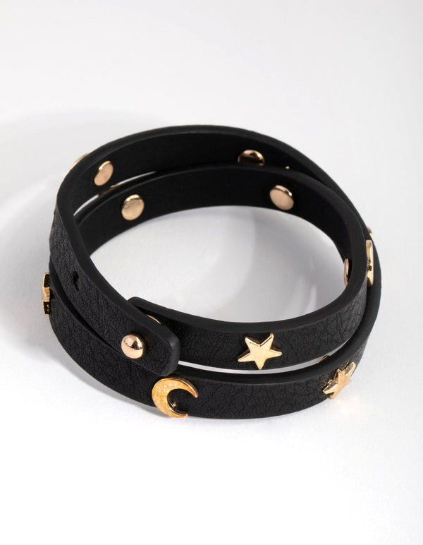 Gold PU Star and Moon Wrap Bracelet