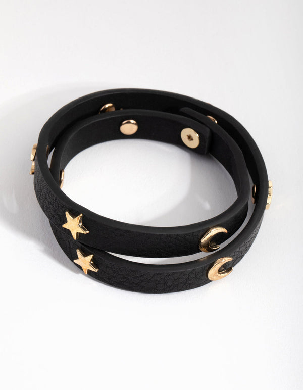 Gold PU Star and Moon Wrap Bracelet