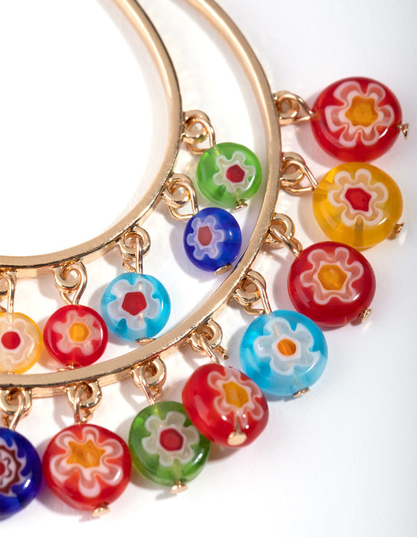 Gold Double Loop Printed Bead Earrings